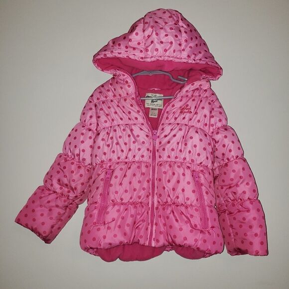 OSHKOSH B'GOSH PINK POLKADOT PUFFER JACKET WITH HOOD SIZE 5/6 - Picture 1 of 7